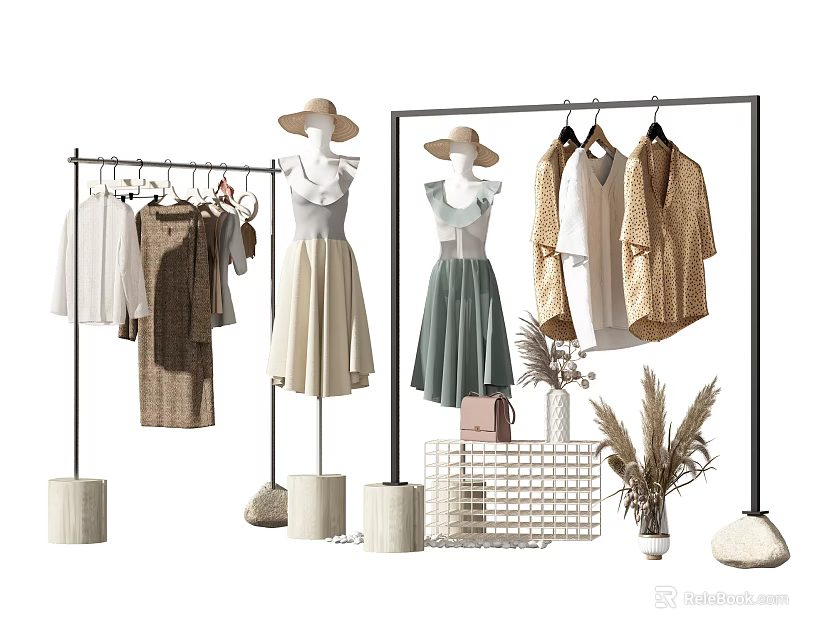 Stylish Clothing Display With Racks Mannequins Wearing Dresses And Decorative Accessories 3d model 
