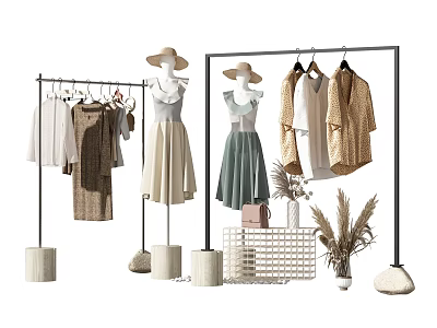 Stylish Clothing Display With Racks Mannequins Wearing Dresses And Decorative Accessories 3d model