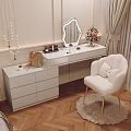 Modern White Dressing Table With LED Mirror Cosmetics Flower Vase And Pouf Stool 3d model