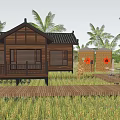 Traditional Wooden Guesthouse With Tiled Roof Palm Trees And Rice Field View