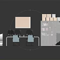 Modern Office Workspace With Desk Two Chairs Bookshelf Corkboard Books And Boxes