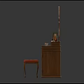 Wooden Carved Dressing Table with Oval Mirror Red Stool and Decorative Items on Top