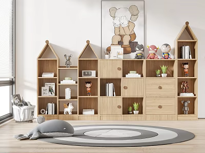 Wooden House Shaped Entryway And Side Cabinets For Kids Room With Toys Books And Plants 3d model