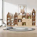 Wooden House Shaped Entryway And Side Cabinets For Kids Room With Toys Books And Plants