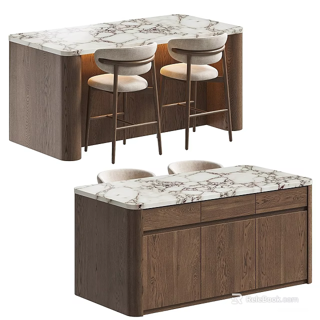 Modern Bar Counter With Wooden Cabinet Marble Top And Bar Stools 3d model 
