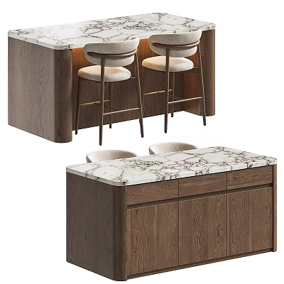 Modern Bar Counter With Wooden Cabinet Marble Top And Bar Stools 3d model