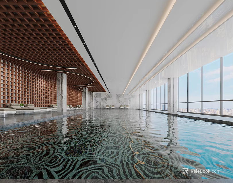Spacious Indoor Pool With Floor To Ceiling Windows And Wooden Ceiling 3d model