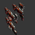 Red Silver Mechanical Weapons Various Types Including Pistols Rifles Accessories Displayed In Dynamic Arrangement