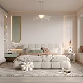 Elegant Modern Bedroom Interior With White Bed Round Mirror Rug And Soft Lighting