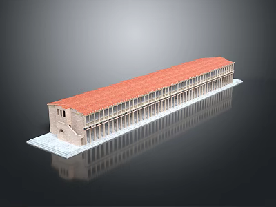 Aerial Planning of Elongated Classical Building With Red Roof and Multiple Columns 3d model