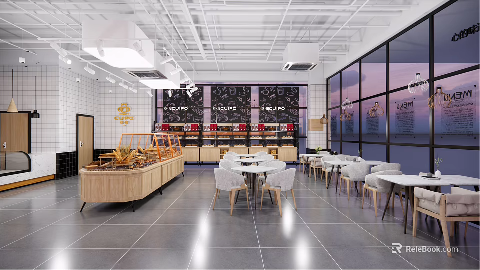 Modern Dessert Shop Interior With Wooden Pastry Display And White Seating Tables 3d model 