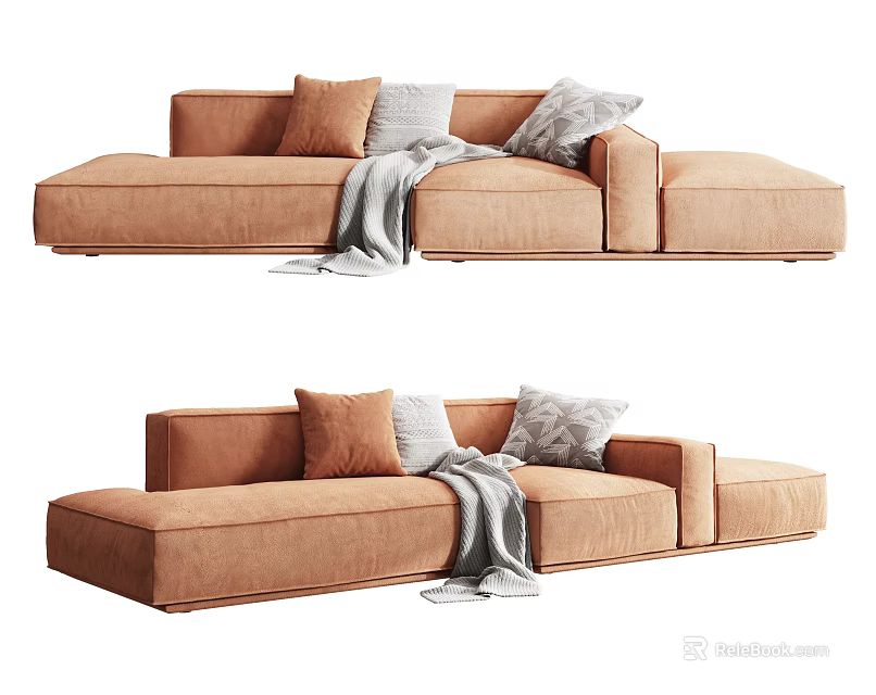 Brown Sectional Sofa With Soft Pillows And Cozy Throw Blanket Design 3d model