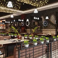 Modern Chinese Restaurant Interior With Wooden Partitions Netted Lights And Booth Seating