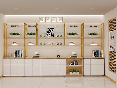 Elegant Shopping Mall Store Interior With Golden Shelves Green Plants And Books 3d model