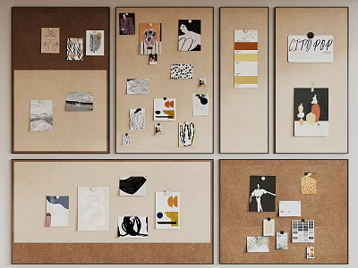 Decorative Photo Wall With Mixed Photos Artworks Notes And Cards On Multiple Cork Panels 3d model