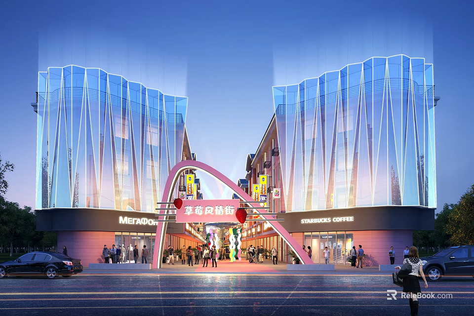 Modern Commercial Street With Glass Facade Buildings Arch Entrance And Vibrant Pedestrian Crowds 3d model 