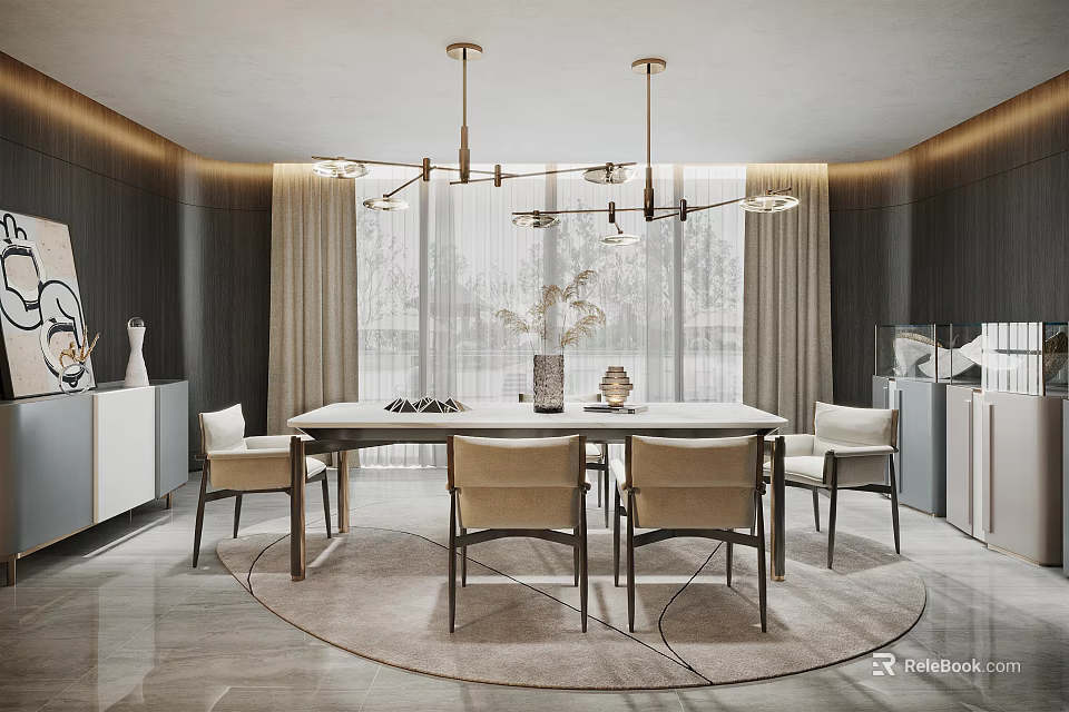 Modern Restaurant Interior With Dining Table Chairs Hanging Lights Dark Wooden Walls And Marble Floor 3d model 