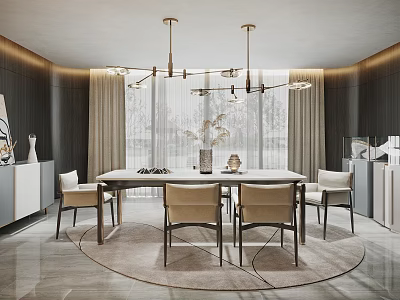 Modern Restaurant Interior With Dining Table Chairs Hanging Lights Dark Wooden Walls And Marble Floor 3d model