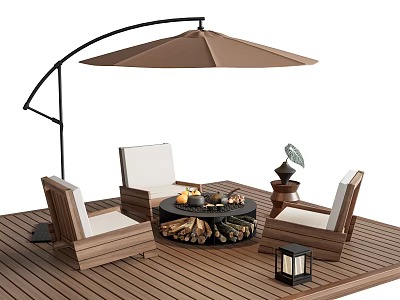 Outdoor Chairs with White Cushions on Wooden Deck and Fire Pit Table under Large Parasol 3d model