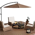 Outdoor Chairs with White Cushions on Wooden Deck and Fire Pit Table under Large Parasol