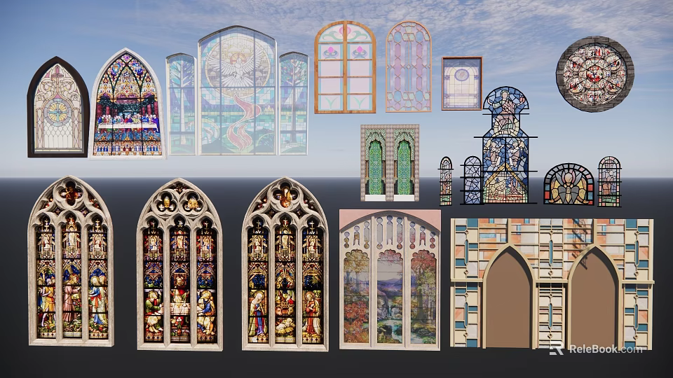 Stained Glass Windows With Various Gothic Styles And Colorful Artistic Patterns 3d model 