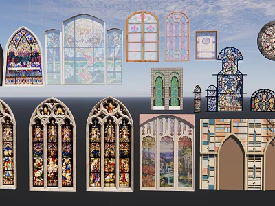 Stained Glass Windows With Various Gothic Styles And Colorful Artistic Patterns 3d model
