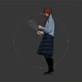 Red Haired Girl In Blue Sweater And Plaid Skirt Holding Flower Bouquet Against Gray Background