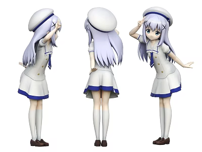 Anime Game Character with Long Purple Hair in White Sailor Uniform Three View Angles 3d model