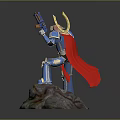 Detailed Character In Blue Armor Holding Hammer And Gun Standing On Rock Base