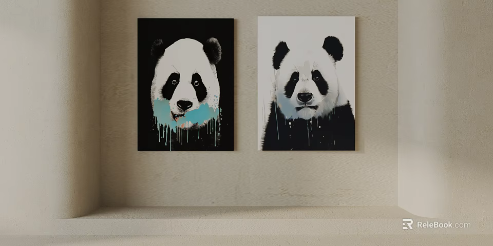 Two Panda Animal Paintings With Dripping Effect On Black And White Backgrounds 3d model 