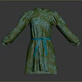Green Leaf Pattern Dress With Blue Belt And Long Sleeves Design