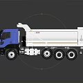 Blue Cab White Bed Dump Truck Model With Multiple Wheels And Reflective Surface
