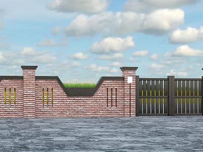 Red Brick Exterior Wall with Green Top Brick Pillars and Black Metal Gate 3d model Red Brick Exterior Wall with Green Top Brick Pillars and Black Metal Gate 3d model
