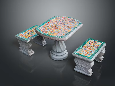 Outdoor Stools With Colorful Mosaic Tile Tops Stone Carved Bases And Matching Table 3d model