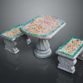 Outdoor Stools With Colorful Mosaic Tile Tops Stone Carved Bases And Matching Table