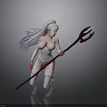 Fantasy Woman With Long White Hair In White Tight Outfit Holding Staff With Blue Accents