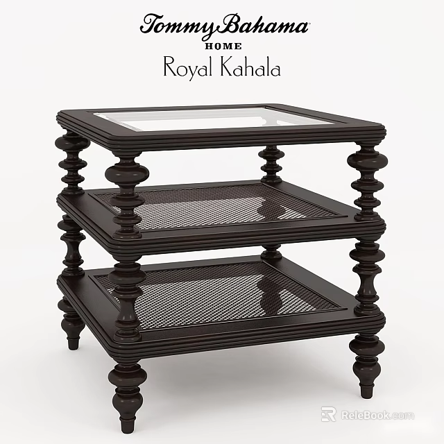 Royal Kahala Dark Wood Three Tier Side Table With Glass Top And Mesh Shelves 3d model 