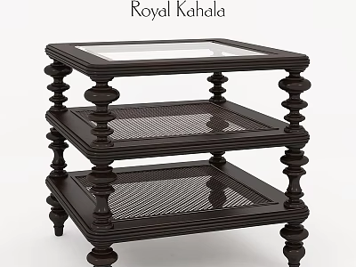 Royal Kahala Dark Wood Three Tier Side Table With Glass Top And Mesh Shelves 3d model