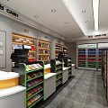 Supermarket Grocery Store Interior With Organized Shelves Various Products Refrigerators And Checkout Counter