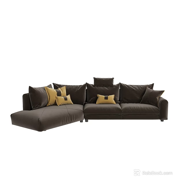 Modern Dark Brown L shaped Sectional Sofa With Yellow Accent Pillows 3d model