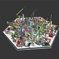 Hexagonal Architectural Construction Model Featuring Cranes Tall Buildings and Scaffolding Structures