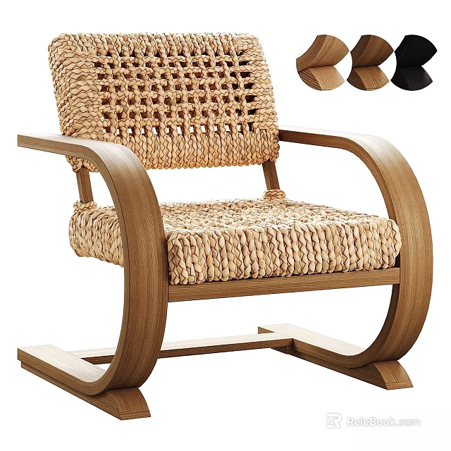 Handwoven Natural Rattan Leisure Chair With Curved Wooden Armrests And Comfortable Seat Design 3d model 