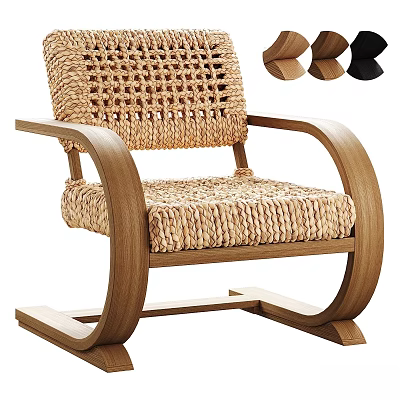 Handwoven Natural Rattan Leisure Chair With Curved Wooden Armrests And Comfortable Seat Design 3d model