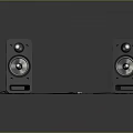 Black Speakers With Silver Drivers And Connecting Cable Placed On Grey Surface Against Dark Background 3d model
