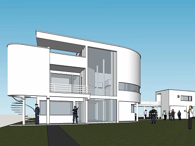 Modern Detached Villa With White Exterior Curved Architecture And Lawn Area 3d model
