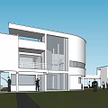 Modern Detached Villa With White Exterior Curved Architecture And Lawn Area
