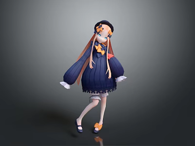 Anime Style Game Character With Long Orange Hair Black Hat And Navy Blue Striped Dress 3d model
