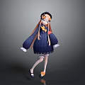 Anime Style Game Character With Long Orange Hair Black Hat And Navy Blue Striped Dress