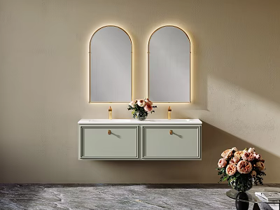 Elegant Modern Bathroom Vanity With Double Arched Backlit Mirrors Gold Faucets And Floral Decor 3d model