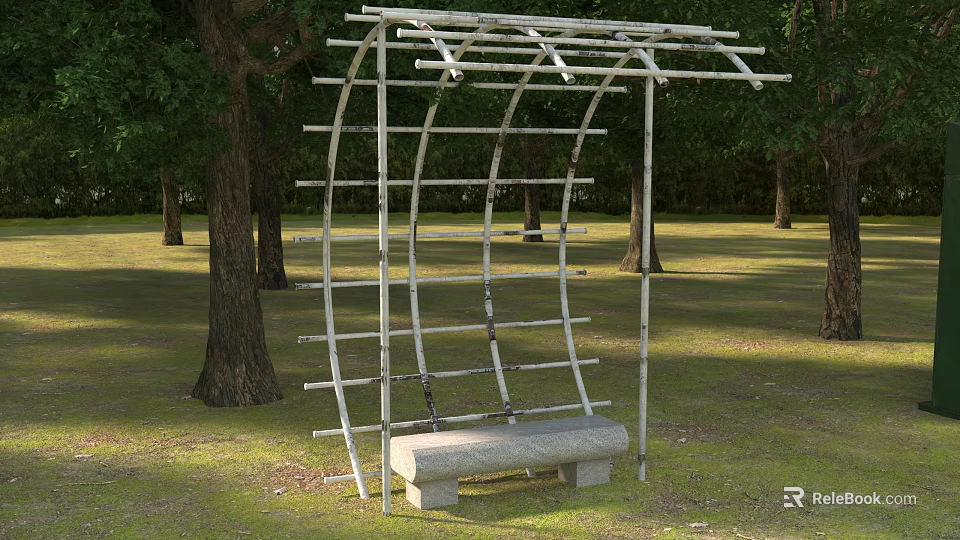 Modern Outdoor Metal Arched Structure With Stone Bench Grass And Trees 3d model 